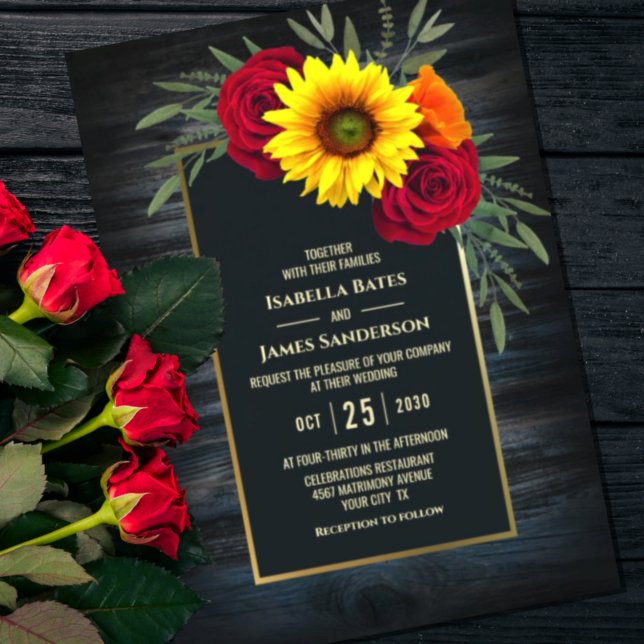 Rustic Blue Wood Sunflower Burgundy Rose Wedding Invitation (Creator Uploaded)