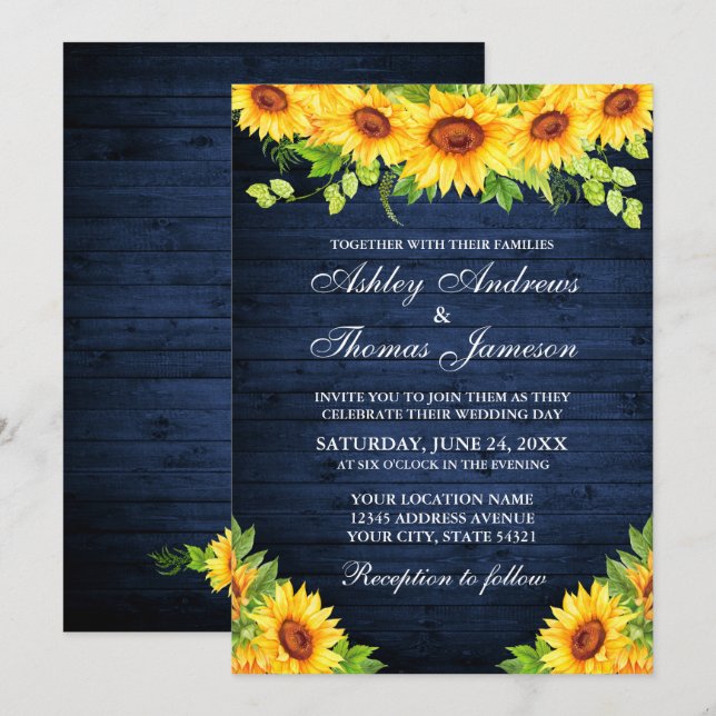 Rustic Blue Wood Sunflower Floral Greenery Invitation (Front/Back)