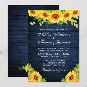 Rustic Blue Wood Sunflower Floral Greenery Invitation