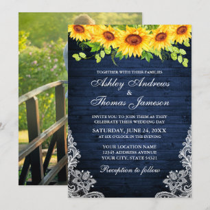 Rustic Blue Wood Sunflower Floral Lace Photo Invitation