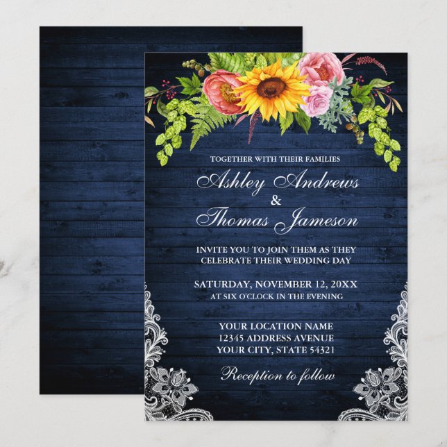Rustic Blue Wood Sunflower Floral Lace Wedding Invitation (Front/Back)