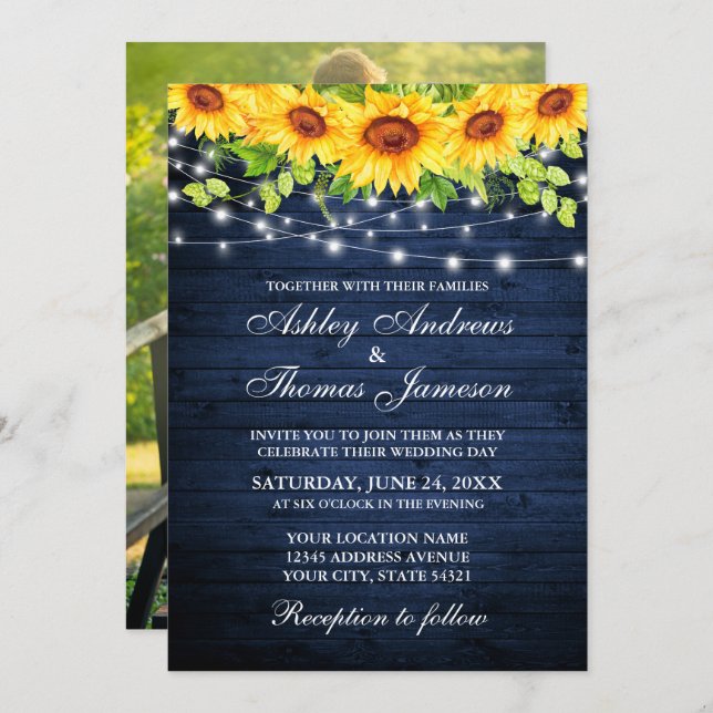 Rustic Blue Wood Sunflower Floral Lights Photo Invitation (Front/Back)