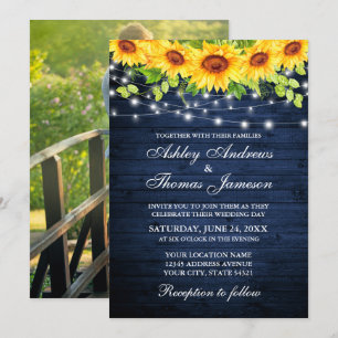 Rustic Blue Wood Sunflower Floral Lights Photo Invitation
