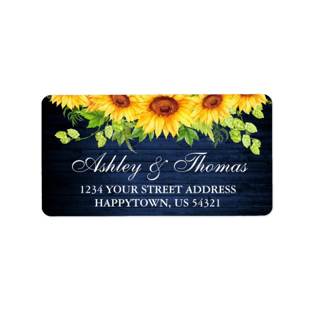 Rustic Blue Wood Sunflower Floral Wedding Address Label (Front)