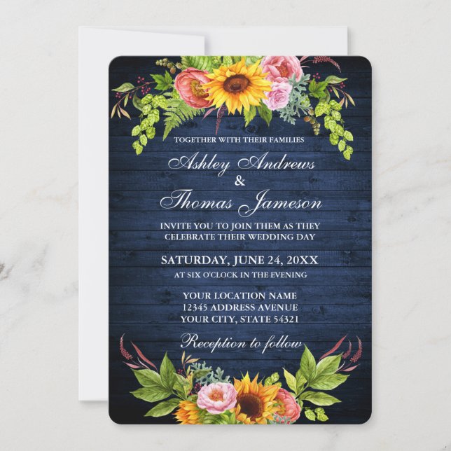 Rustic Blue Wood Sunflower Floral Wedding Invitation (Front)