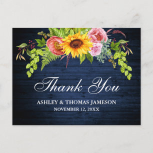 Rustic Blue Wood Sunflower Floral Wedding Thanks Postcard