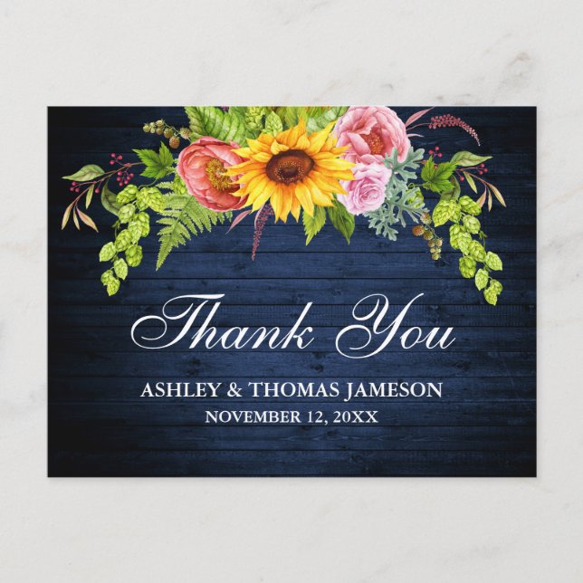 Rustic Blue Wood Sunflower Floral Wedding Thanks Postcard (Front)