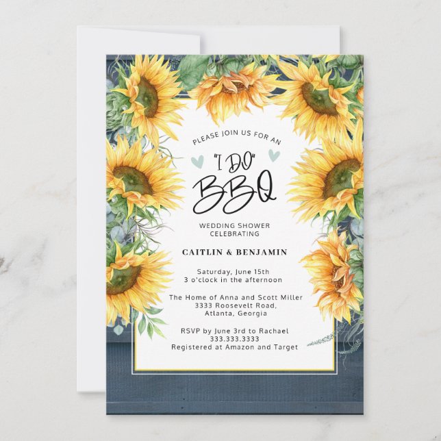 Rustic Blue Wood Sunflower I Do BBQ Bridal Shower Invitation (Front)