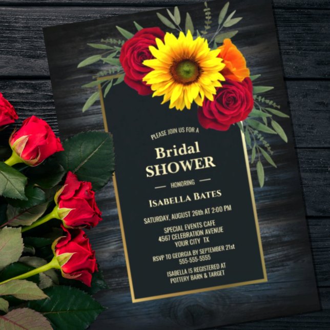 Rustic Blue Wood Sunflower Rose Bridal Shower Invitation (Creator Uploaded)