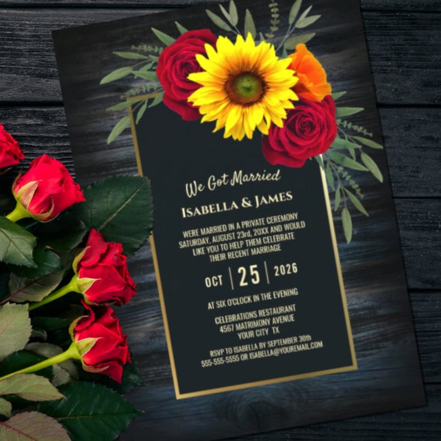 Rustic Blue Wood Sunflower Rose Wedding Reception Invitation (Creator Uploaded)