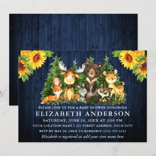 Rustic Blue Wood Sunflower Woodland Animals Shower Invitation