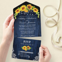 Rustic Blue Wood Sunflowers Lace Lights Wedding