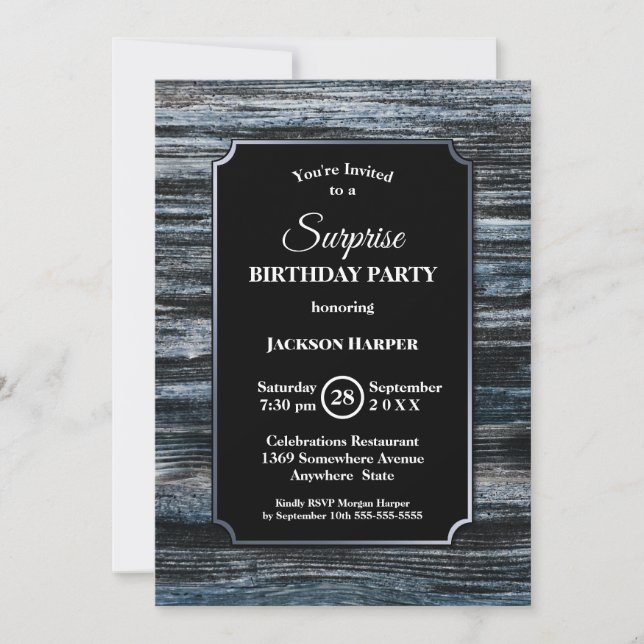 Rustic Blue Wood Surprise Birthday Party Invitation (Front)