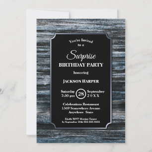 Rustic Blue Wood Surprise Birthday Party Invitation