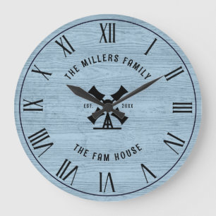 Rustic Blue Wood Texture Fam House Roman Numerals Large Clock