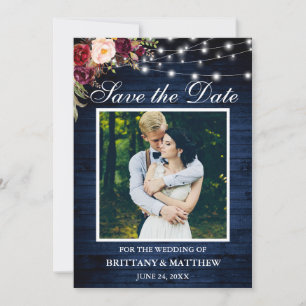 Rustic Blue Wood Watercolor Burgundy Floral Lights Save The Date