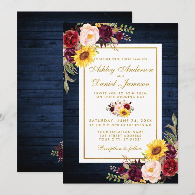 Rustic Blue Wood Watercolor Floral Gold Wedding Invitation (Front/Back)