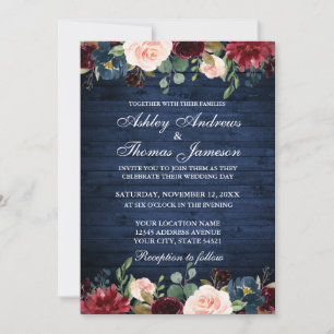 Rustic Blue Wood Wedding Floral Burgundy Blue Invitation