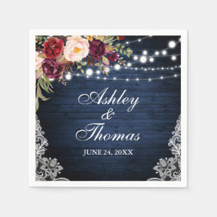 Rustic Blue Wood Wedding Lights Floral Lace Napkin