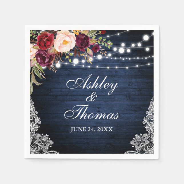 Rustic Blue Wood Wedding Lights Floral Lace Napkin (Front)