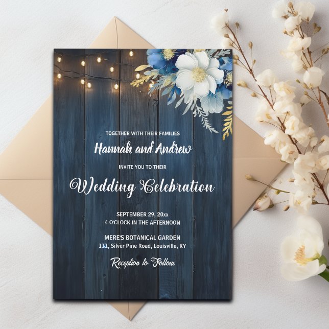 Rustic Blue Wood White Blue Floral Wedding Invitation (Creator Uploaded)