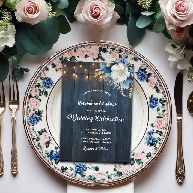 Rustic Blue Wood White Blue Floral Wedding Invitation (Creator Uploaded)