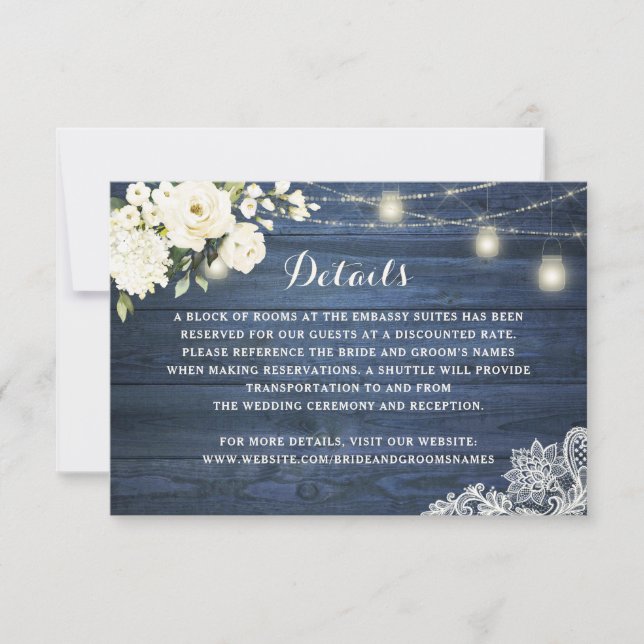 Rustic Blue Wood White Floral Lace Wedding Details Invitation (Front)