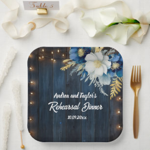Rustic Blue Wood White Floral Rehearsal Dinner Paper Plate