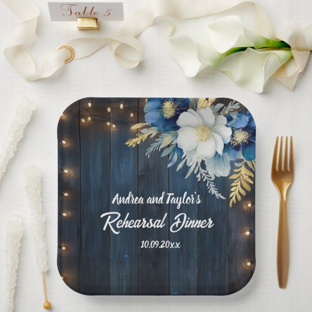 Rustic Blue Wood White Floral Rehearsal Dinner Paper Plate (Wedding)