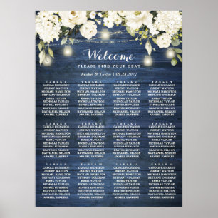 Rustic Blue Wood White Floral Seating Chart Plan