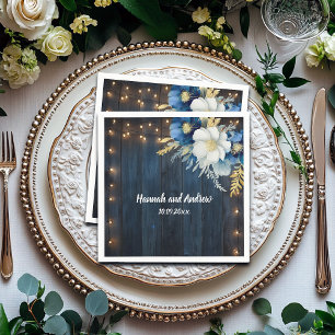 Rustic Blue Wood White Floral Wedding  Napkin