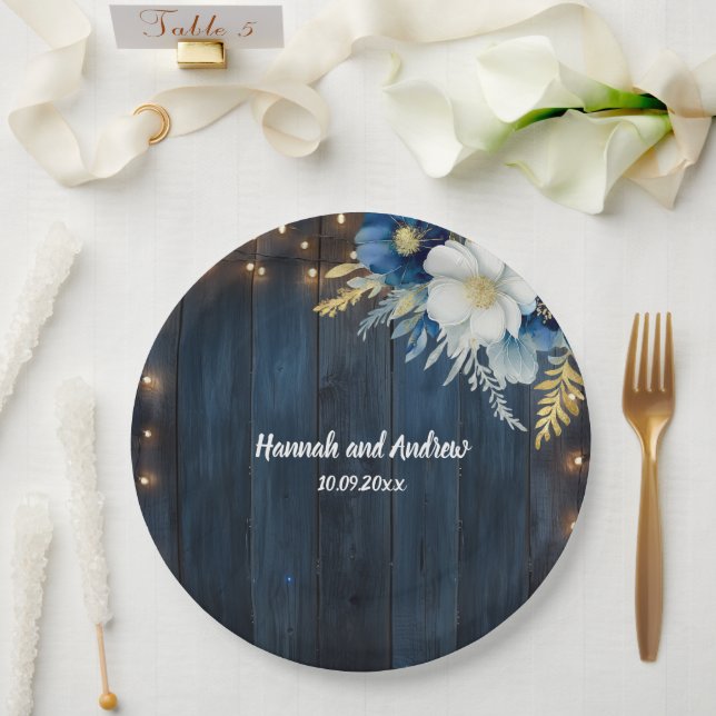 Rustic Blue Wood White Floral Wedding  Paper Plate (Wedding)