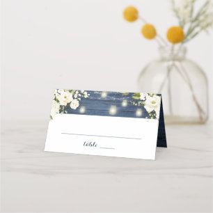 Rustic Blue Wood White Flowers Jar String Lights Place Card