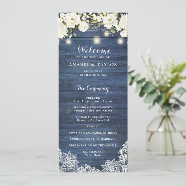 Rustic Blue Wood White Flowers Lace Wedding Programme (Standing Front)
