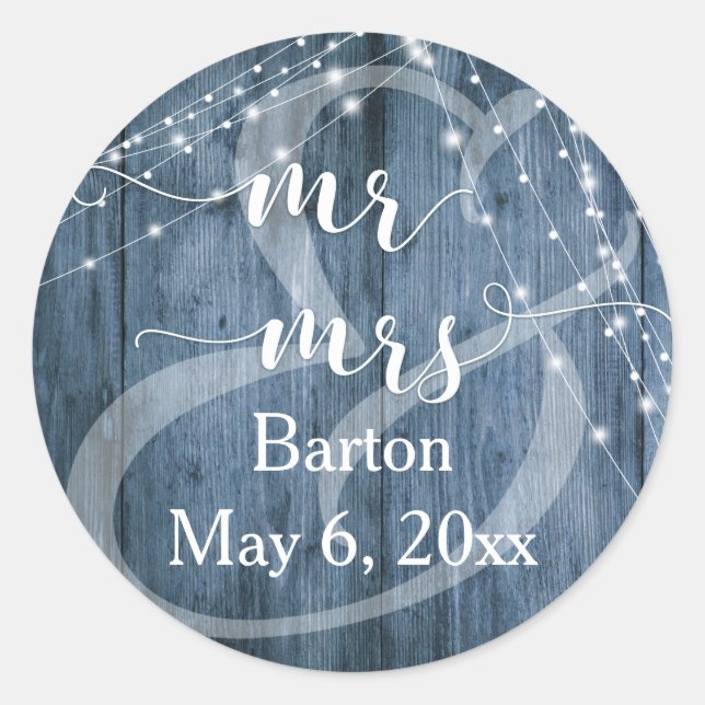 Rustic Blue Wood, White Light Strings Mr & Mrs Classic Round Sticker (Front)