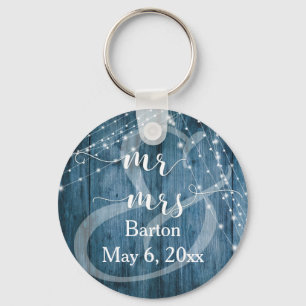 Rustic Blue Wood, White Light Strings Mr & Mrs Key Ring