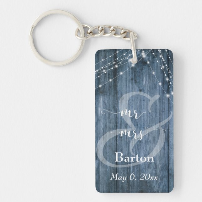 Rustic Blue Wood, White Light Strings Mr & Mrs Key Ring (Front)