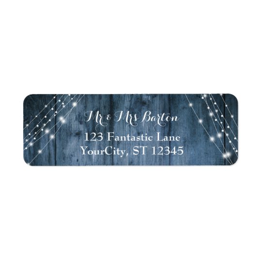Rustic Blue Wood, White Light Strings Wedding 2 Return Address Label