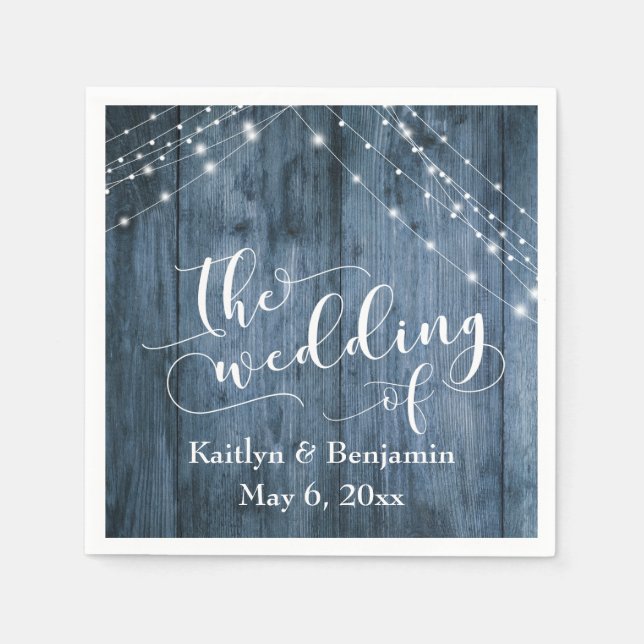 Rustic Blue Wood, White Light Strings Wedding Napkin (Front)
