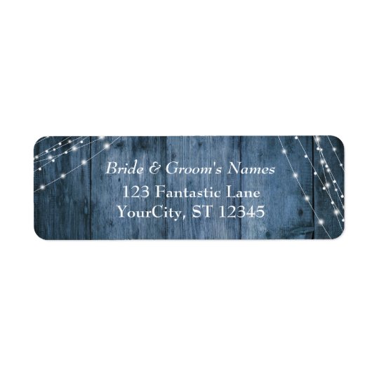 Rustic Blue Wood, White Light Strings Wedding Return Address Label