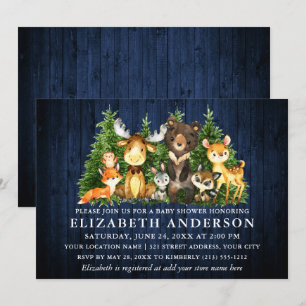 Rustic Blue Wood Woodland Animals Shower Invitation