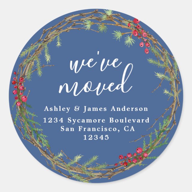 Rustic Blue Wreath We’ve Moved Address Classic Round Sticker (Front)