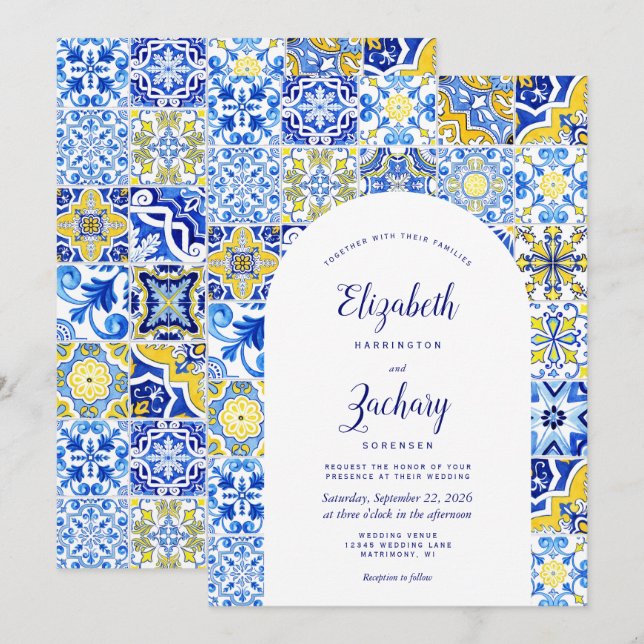 Rustic Blue Yellow Arch Portuguese Tile Wedding Invitation (Front/Back)