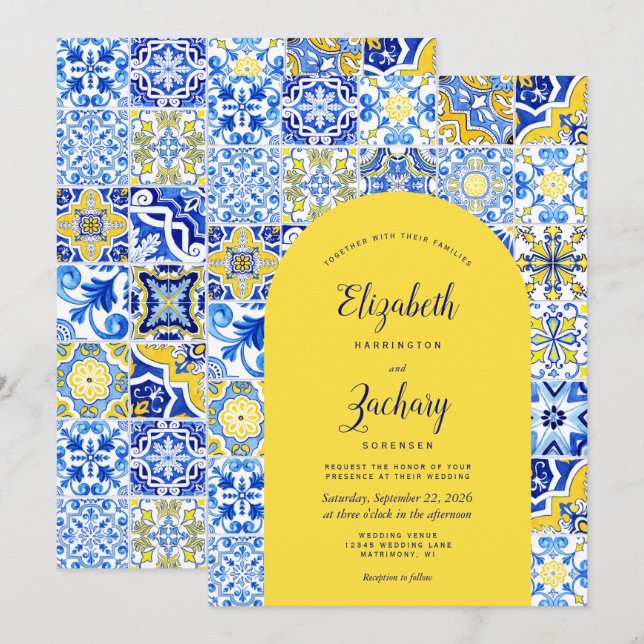Rustic Blue Yellow Arch Portuguese Tile Wedding Invitation (Front/Back)