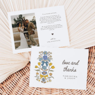 Rustic Blue Yellow Bow & Blossom Wedding Thank You Card