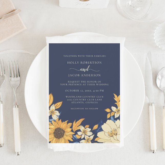 Rustic Blue Yellow Cream Sunflower Floral Wedding Invitation (Creator Uploaded)