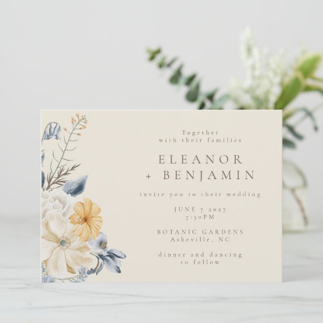 Rustic Blue Yellow Floral Watercolor Boho Wedding  Invitation (Standing Front)