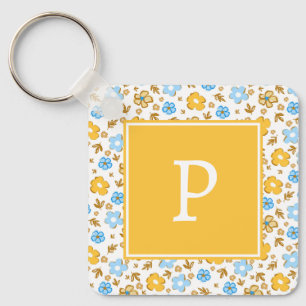 Rustic Blue Yellow Spring Floral Monogram Key Ring
