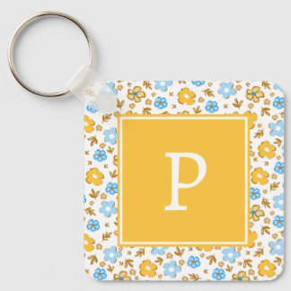Rustic Blue Yellow Spring Floral Monogram Key Ring
