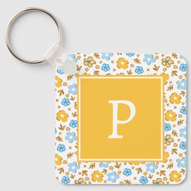 Rustic Blue Yellow Spring Floral Monogram Key Ring (Front)